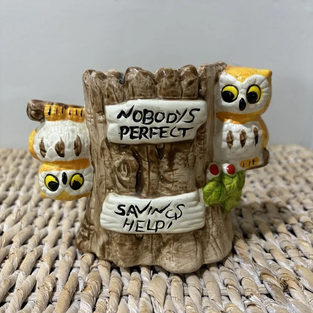 Vintage Enesco Owl Coin Bank Ceramic‎ Hand Painted Nobody's Perfect Savings Help
